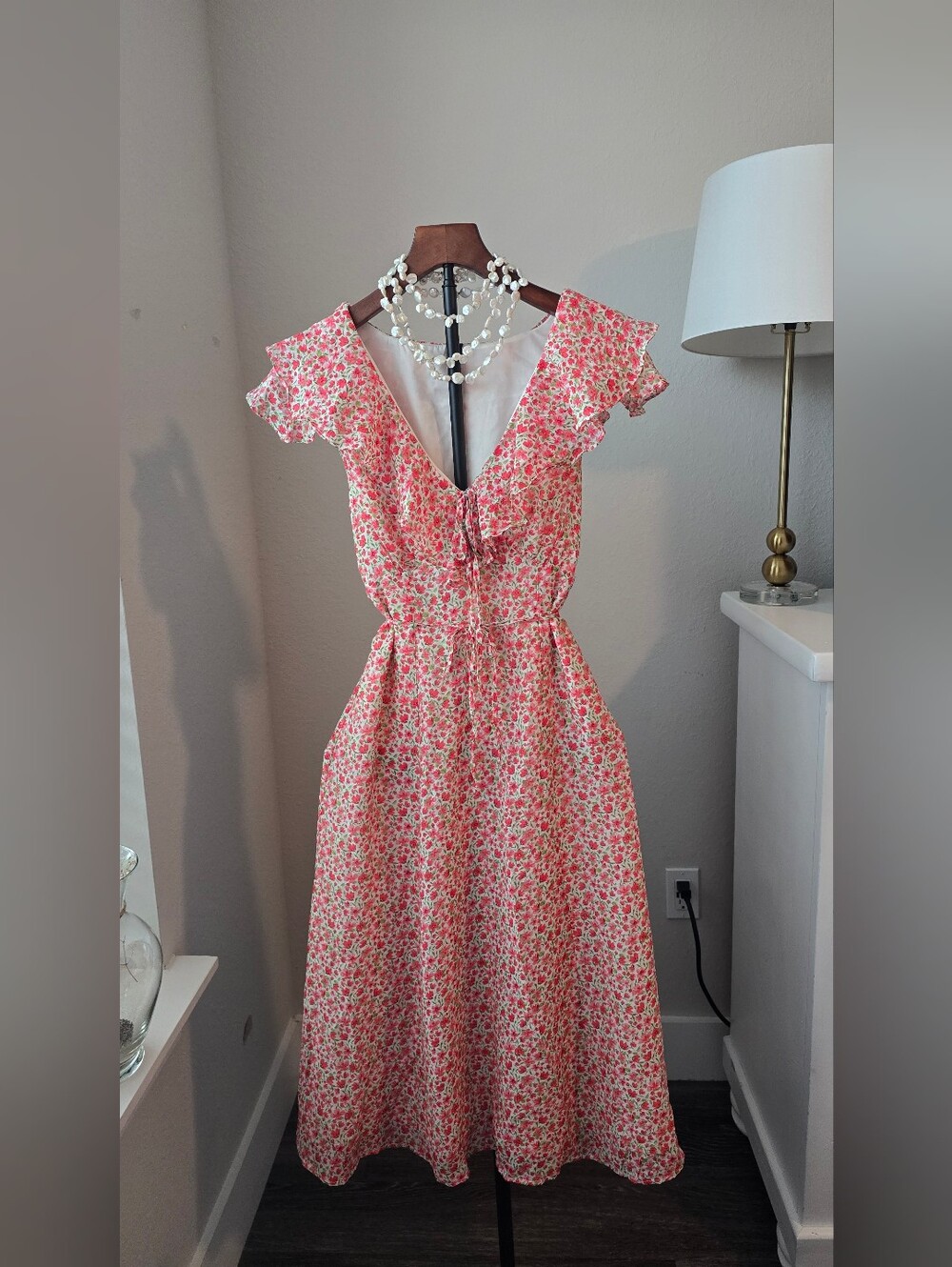 Floral Pink Tie-Front Midi Dress